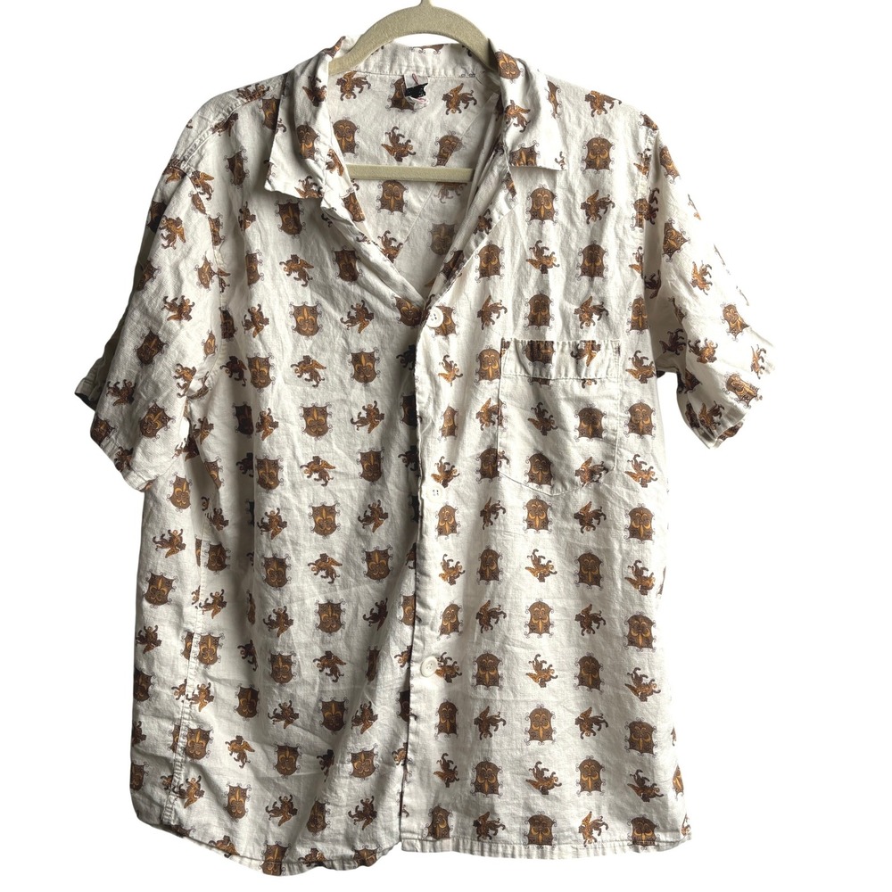 VTG Penneys Wash & Wear Griffin Fleur De Lis Print Camp Shirt White 42-44 MCM
